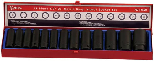 A red metal storage case with a row of black 1/2 inch drive metric deep impact sockets, labeled with sizes from 10-30mm.