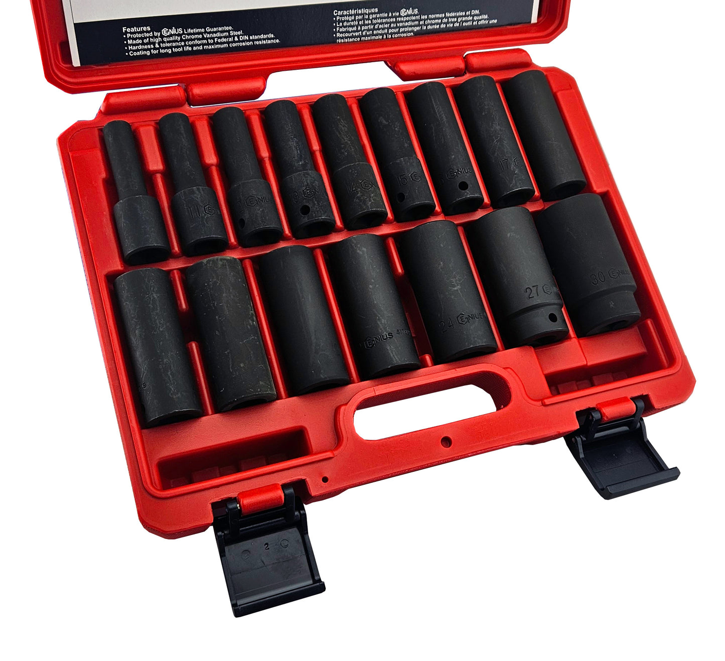 A set of black metric deep impact sockets in various sizes, displayed in a red carrying case with a label inside the lid.