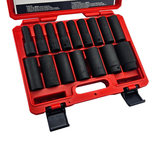 A set of black metric deep impact sockets in various sizes, displayed in a red carrying case with a label inside the lid.
