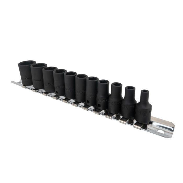 Set of black impact sockets on a metal trail against a white background