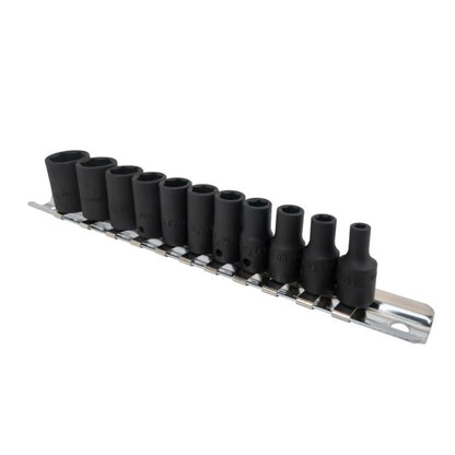 Set of black impact sockets on a metal trail against a white background
