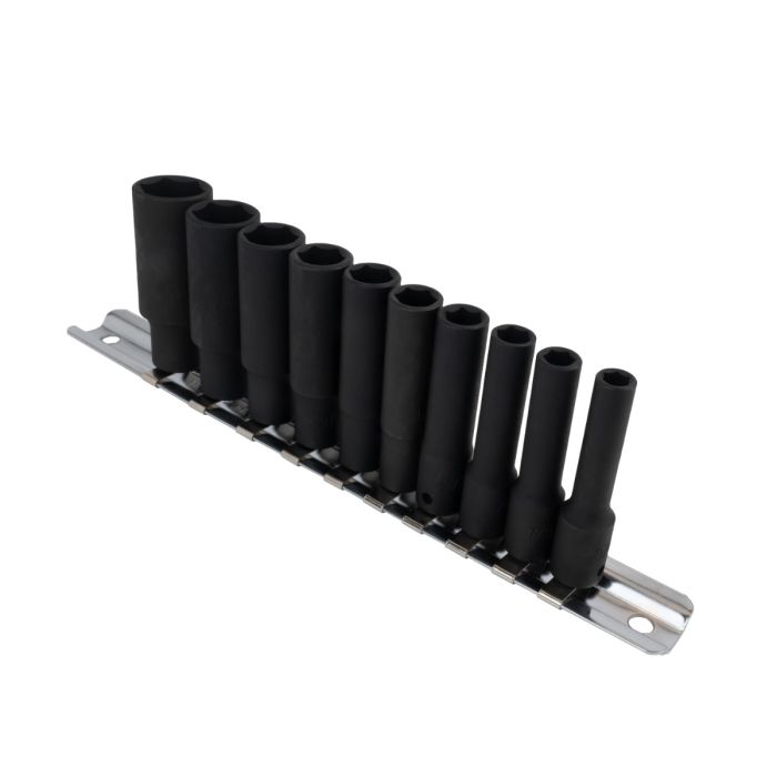 Set of black AF deep impact sockets on a metal rail. 1/4" square drive with sizes 3/16" to 9/16"