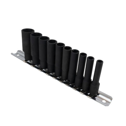 Set of black AF deep impact sockets on a metal rail. 1/4" square drive with sizes 3/16" to 9/16"