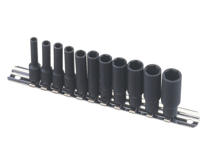 A set of black deep impact sockets arranged on a metal rail with clips, ranging in size from 4mm to 13mm.