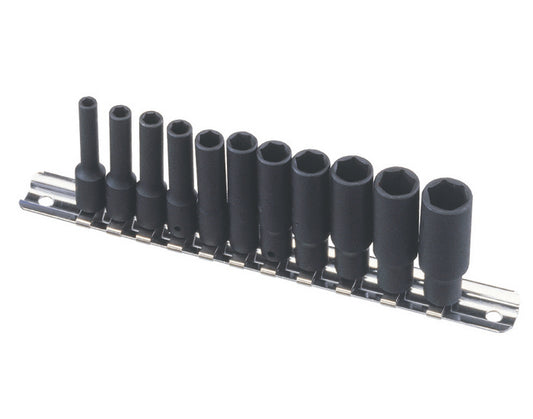A set of black deep impact sockets arranged on a metal rail with clips, ranging in size from 4mm to 13mm.