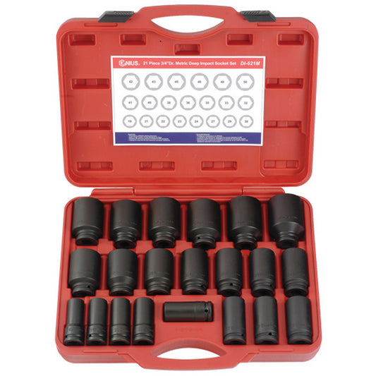 Red tool case with black 3/4" deep impact sockets on a white background.