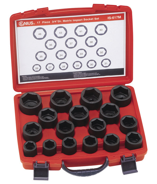 A set of 17 3/4" black metric impact sockets in a red plastic storage case.