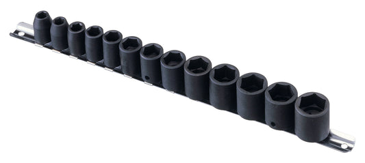 A set of 13 black Genius AF impact sockets displayed in a row on a socket rail.