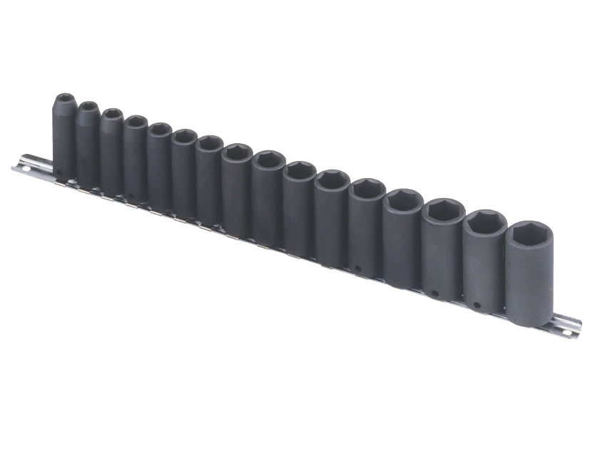 A set of black 3/8" drive deep metric impacts sockets on a metal rail.