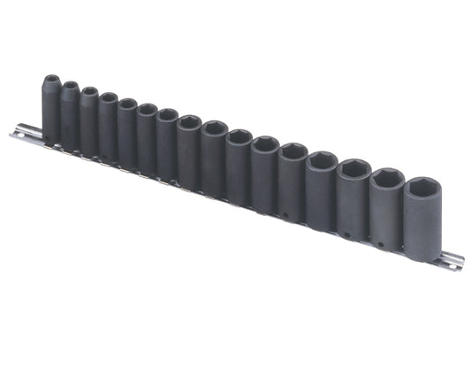 A set of black 3/8" drive deep metric impacts sockets on a metal rail.
