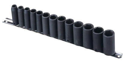 A set of 13 black Genius AF impact sockets arranged in a row on a socket rail