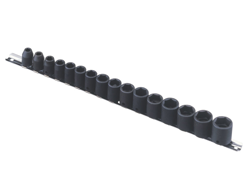 A set of black chrome vanadium steel impact sockets ranging from 7 to 22mm, organized in a row on a metal socket rail.