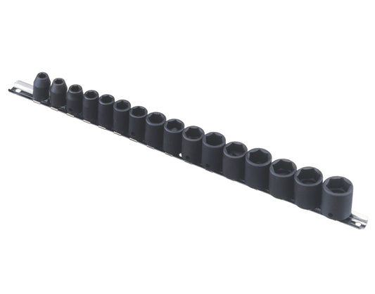 A set of black chrome vanadium steel impact sockets ranging from 7 to 22mm, organized in a row on a metal socket rail.