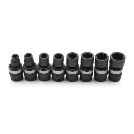 8pc black swivel impact socket set, with AF sizes 5/16" to 3/4".