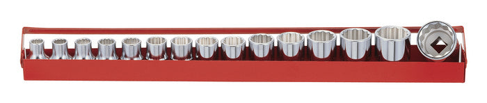 A set of AF bi-hex sockets in sizes 1/2" to 1-1/4", displayed in a red metal tool holder.