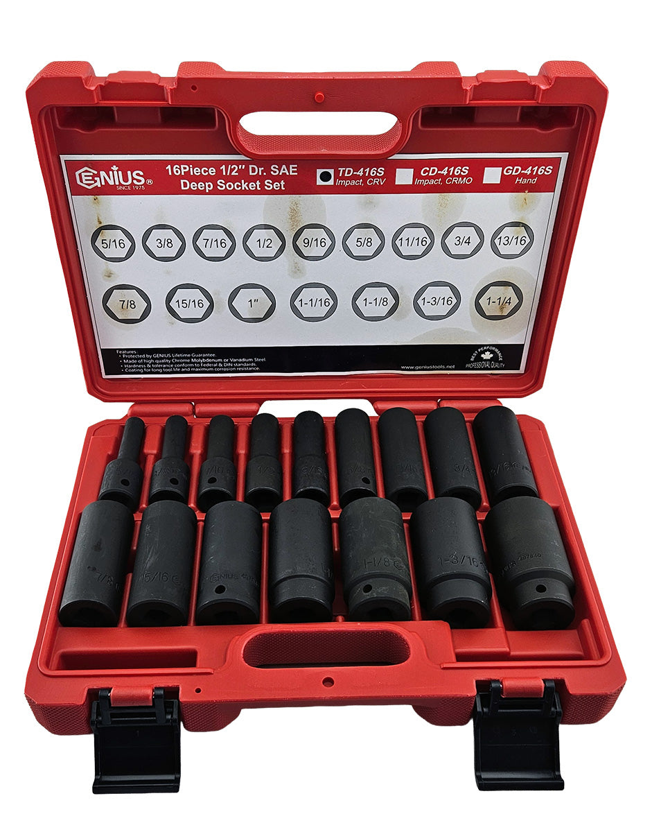 A set of 16 chrome vanadium deep AF impact sockets of various sizes, displayed in an open red case.
