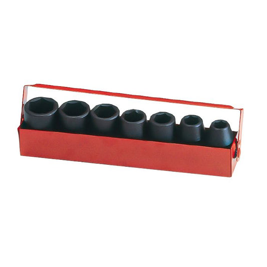 Set of black af impact sockets in a red metal holder on a white background.
