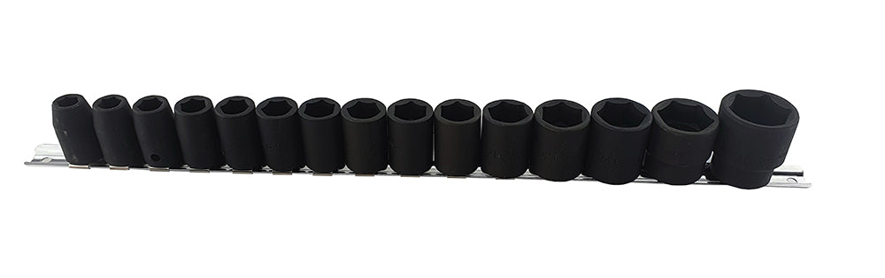 A set of 15 black impact sockets on a socket rail. Contains AF sizes 3/8" to 1-1/4"