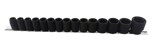 A set of 15 black impact sockets on a socket rail. Contains AF sizes 3/8" to 1-1/4"