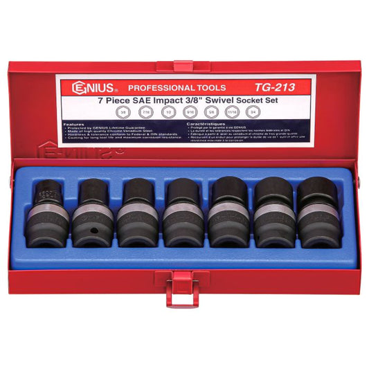7-piece AF impact 3/8" swivel socket set in a red metal case with Genius Professional Tools branding.