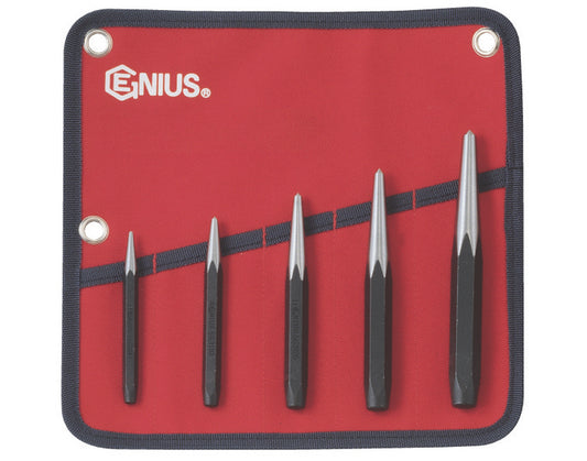 A set of 5 piece center punch tool set by Genius Tools, with sizes 3, 4, 5, 6, 8mm, displayed in a red and black fabric wallet.