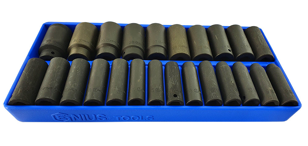 Set of black deep impact sockets in a blue tray with 'GENIUS Tools' branding on a white background