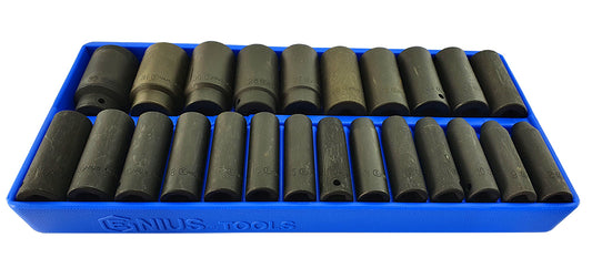Set of black deep impact sockets in a blue tray with 'GENIUS Tools' branding on a white background