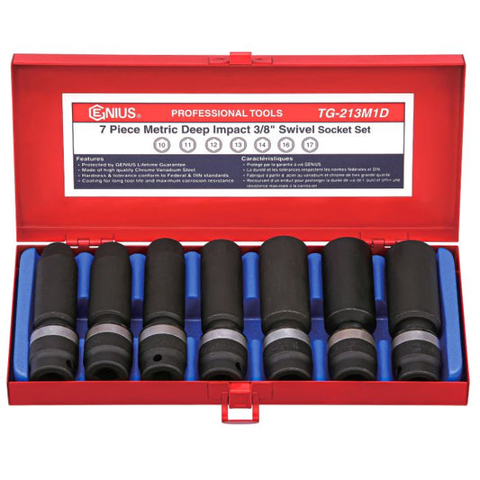7-piece metric deep swivel impact socket set in a red metal toolbox