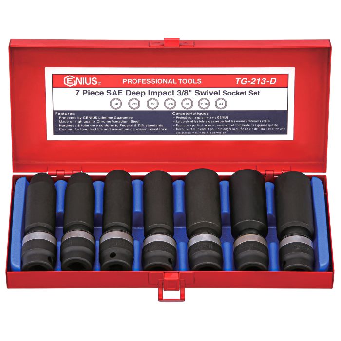 Set of 7 piece AF deep impact 3/8 swivel socket set in a red Genius toolbox.