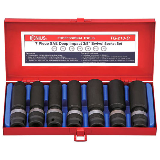 Set of 7 piece AF deep impact 3/8 swivel socket set in a red Genius toolbox.