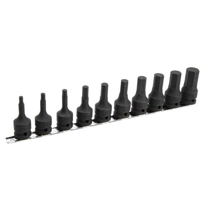 A set of AF 10 black hex impact drivers on a metal socket rail. Each socket has a 1/2" drive.