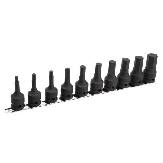 A set of AF 10 black hex impact drivers on a metal socket rail. Each socket has a 1/2" drive.