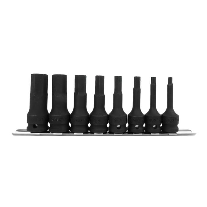 Black metric impact hex driver bits on a metal socket rail. Includes sizes 5-19mm.