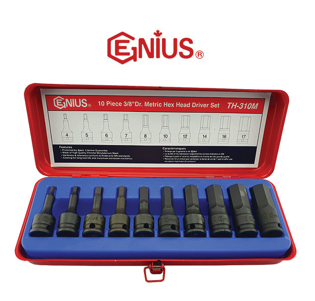 A set of 10 black metric hexagon drivers displayed in an open red metal case. Contains sizes 4 to 17mm.