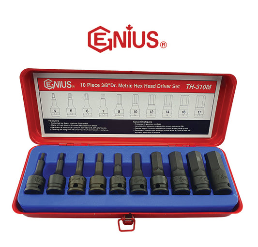 A set of 10 black metric hexagon drivers displayed in an open red metal case. Contains sizes 4 to 17mm.