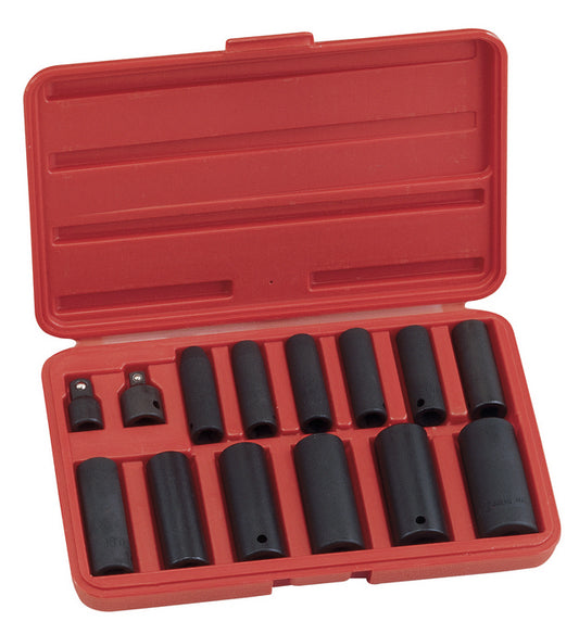 A set of black impact sockets and adapters in various sizes, displayed in an open red case.