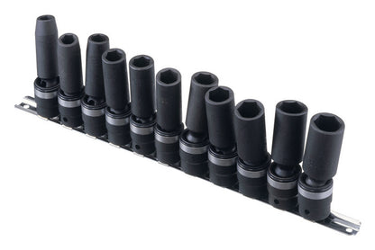 11 flexi black impact sockets on a metal socket rail. Includes metric sizes 11-22mm.