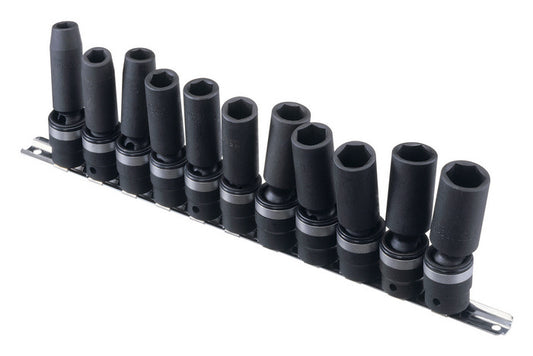 11 flexi black impact sockets on a metal socket rail. Includes metric sizes 11-22mm.