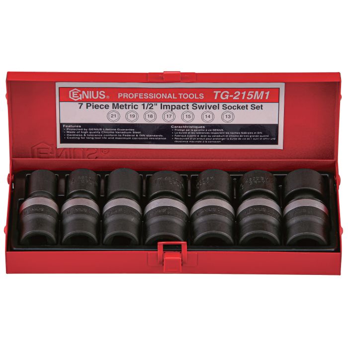 7-piece metric impact swivel socket set in a red metal box.