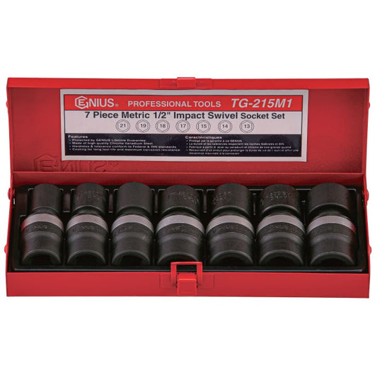 7-piece metric impact swivel socket set in a red metal box.