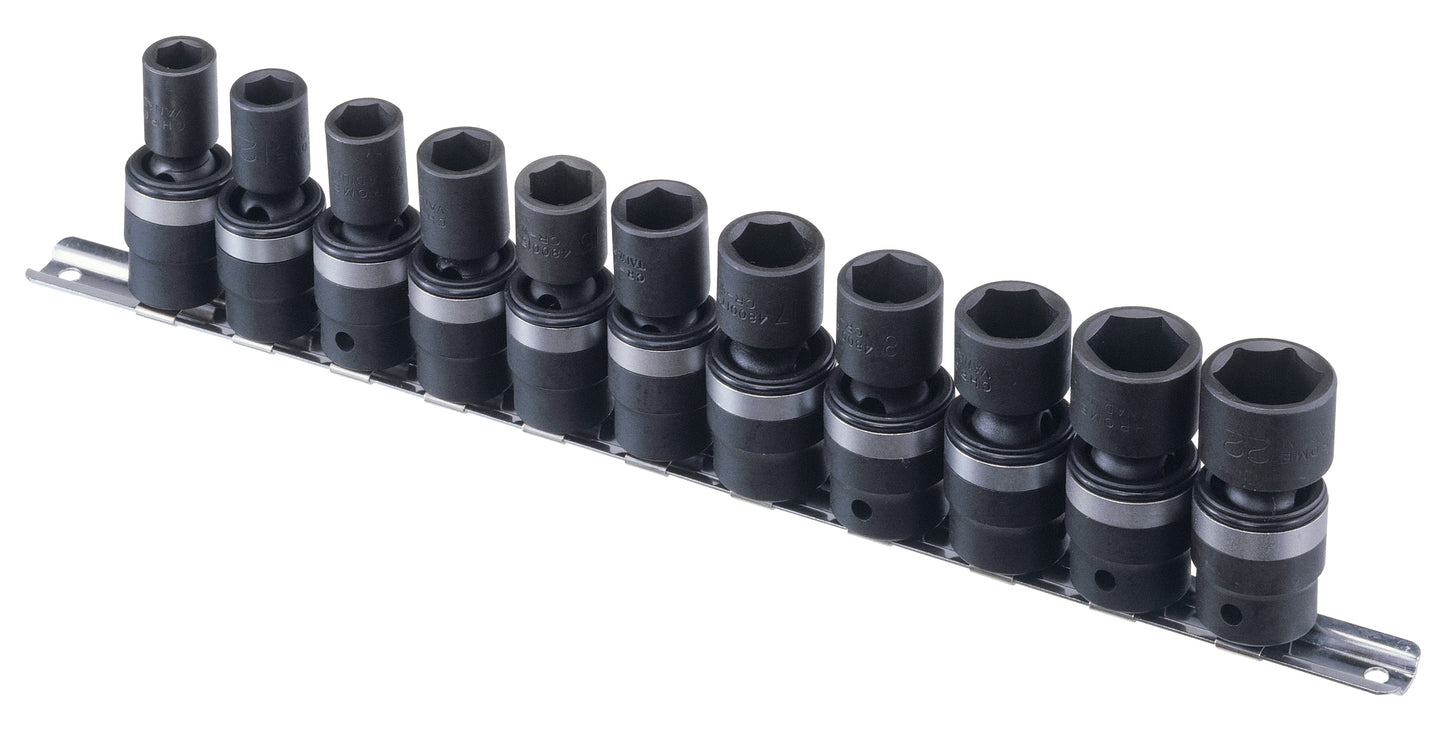 A set of metric black swivel impact sockets of various sizes, organized in a row on a metal socket rail.