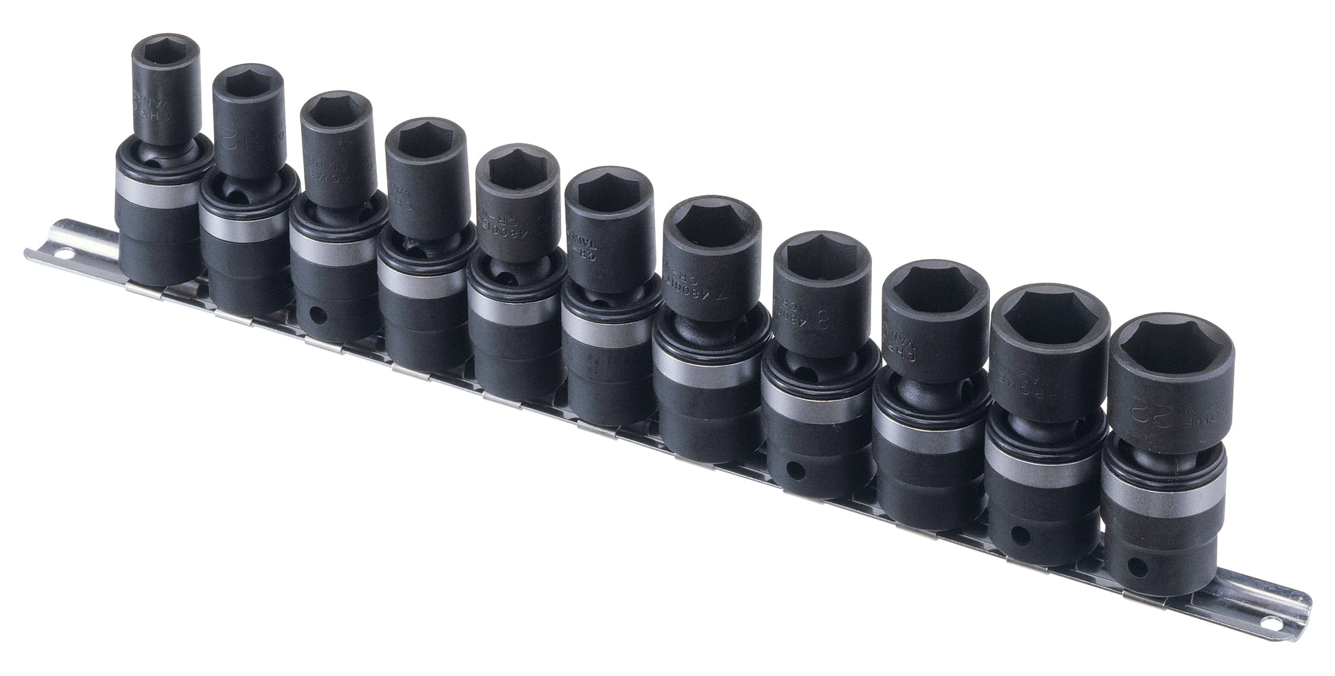 A set of metric black swivel impact sockets of various sizes, organized in a row on a metal socket rail.