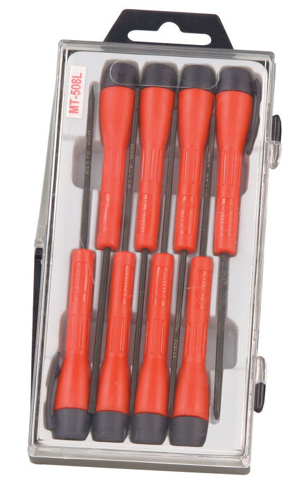 8 Piece Micro-Tech Precision Screwdriver Set in a clear plastic case with red and black handles.