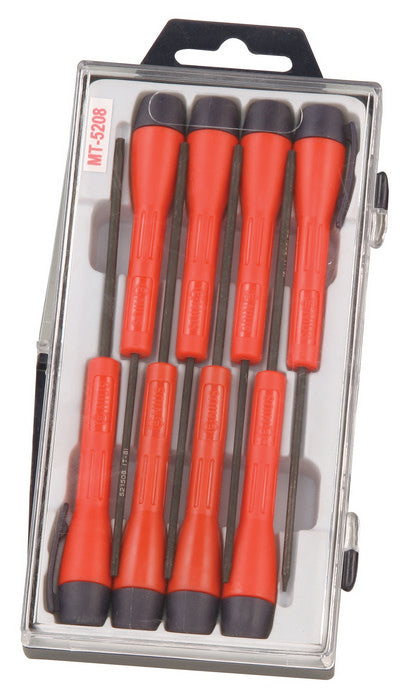 A set of red and black micro Torx screwdrivers in various sizes T6 to T20, displayed in an open transparent plastic case.