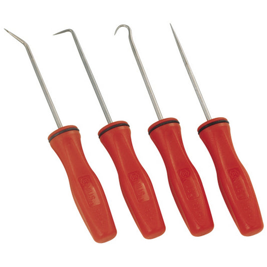 A set of four red-handled pick tools with different pointed ends, including awl, hook, 45 degree pick, and 90 degree pick.