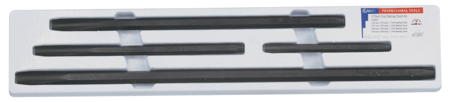 A set of 4 black oval bearing punches of varying sizes, displayed in a row with a label in the center showing the brand and size details.