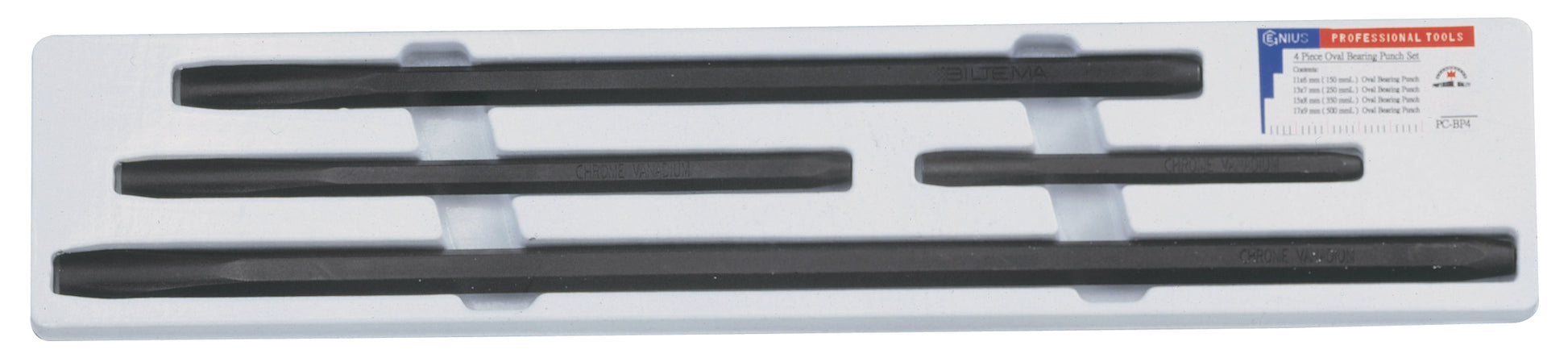 A set of 4 black oval bearing punches of varying sizes, displayed in a row with a label in the center showing the brand and size details.