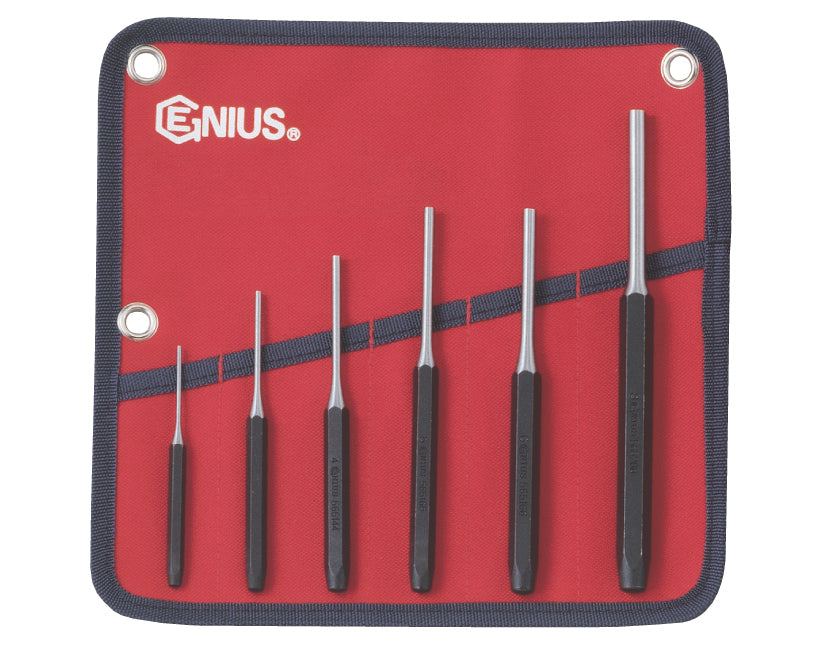 A set of 6 Genius pin punches in a red and black fabric wallet.