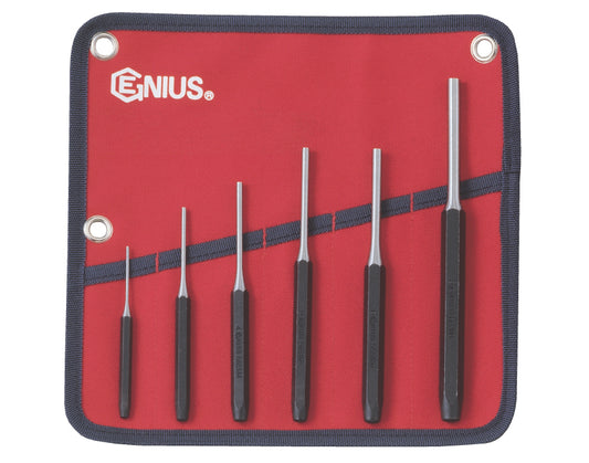 A set of 6 Genius pin punches in a red and black fabric wallet.