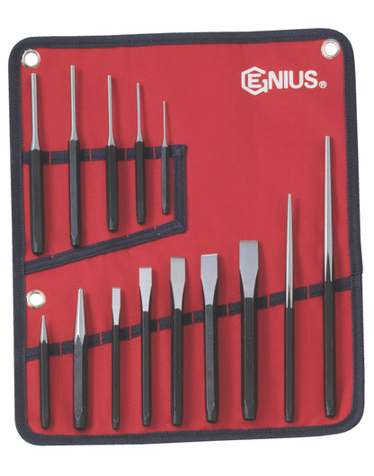 A 14-piece punch and chisel set by Genius Tools, displayed in an organized manner on a red fabric tool wallet.